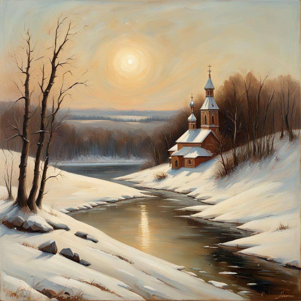 Церковь на берегу зимней реки - Крещенская вода / Church on the river bank - nightcafe.studio